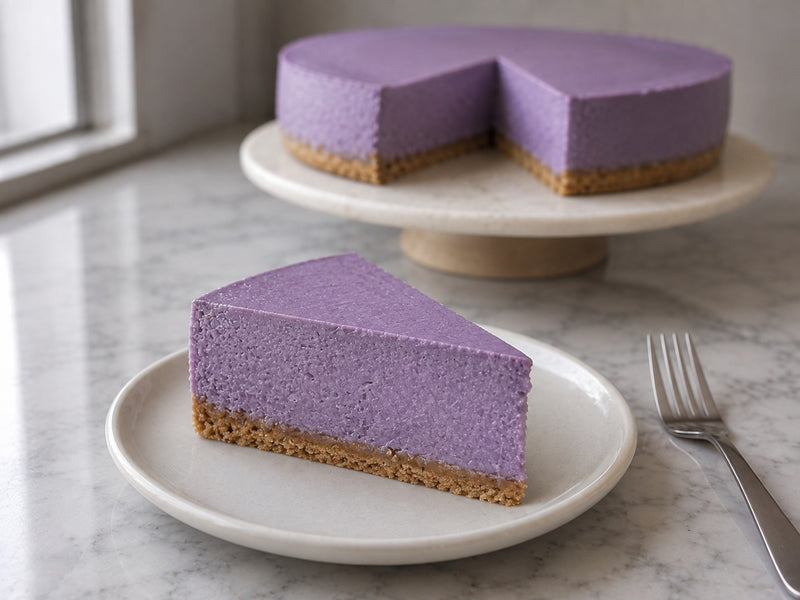 Porcion de tarta de queso y ube